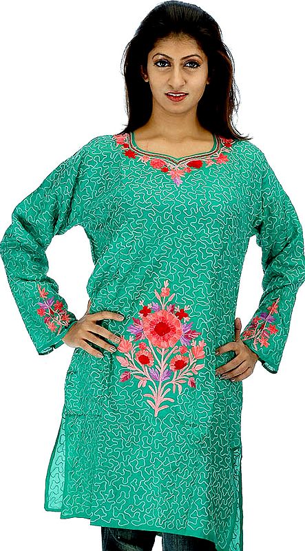 Emerald Green Floral Top from Kashmir with All-Over Embroidery