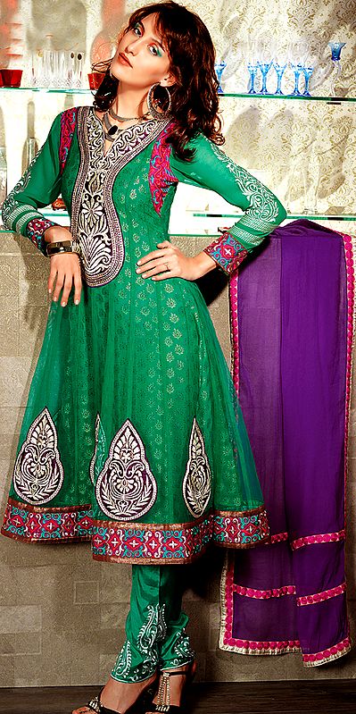 Emerald-Green Choodidaar Suit with Aari Embroidery on Kameez and Path Border