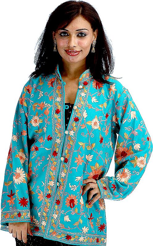 Emerald-Green Kashmiri Jacket with Embroidered Flowers All-Over