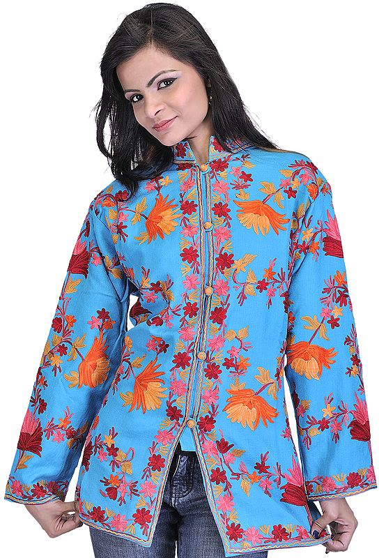 Enamel-Blue Kashmiri Jacket with Embroidered Flowers