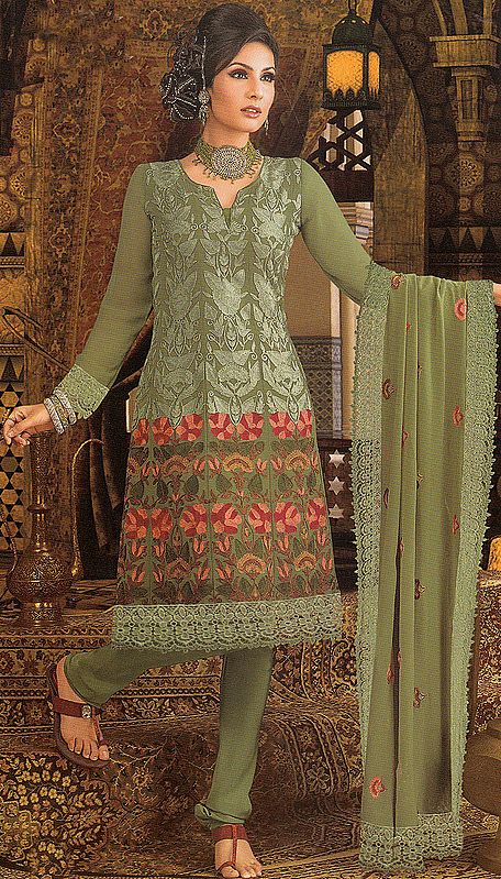 Epsom-Green Choodidaar Suit with Embroidered Flowers All-Over and Crochet Border