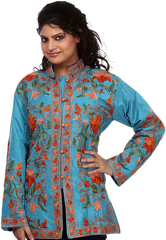Ethereal-Blue Kashmiri Jacket with Aari Embroidered Flowers
