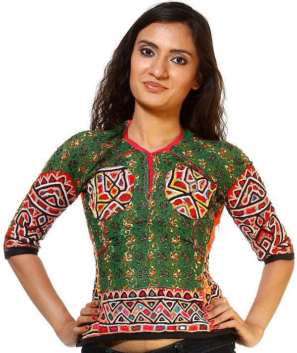 Evergreen Antiquated Backless choli from Kutch with Multi-Color Rabari Embroidery
