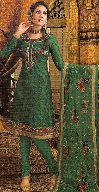 Everg-reen  Choodidaar Suit with Paisley Self Weave and Floral Patch Border