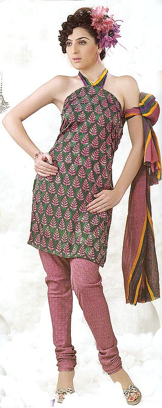 Evergreen Choodidar Suit with Self Weave and Printed Bootis in Chestnut Color