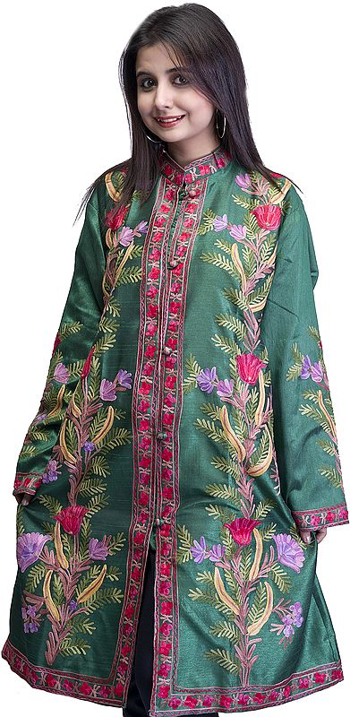 EverGreen Long Kashmiri Jacket with Aari Embroidered Flowers