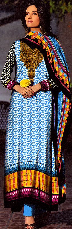 Faience-Blue Lawn Salwar Kameez From Pakistan with Embroidered Neck and Printed Flowers