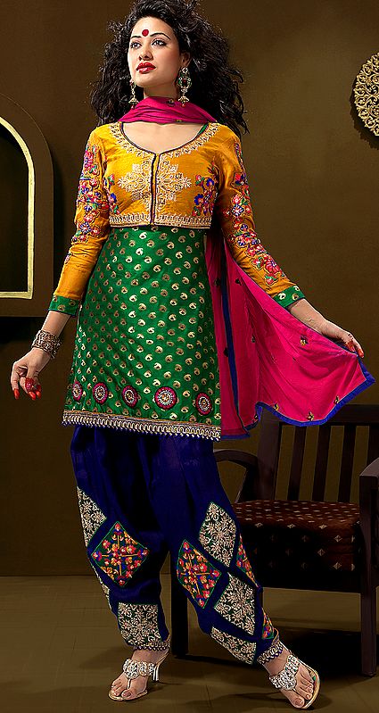 Fairway-Green and Radiant-Yellow Designer Salwar Suit with Crewel-Embroidery and Bolero Jacket