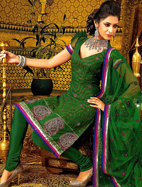 Fairway-Green Brocaded Kameez and Choodidaar Suit with Beaded Paisleys and Patch Border