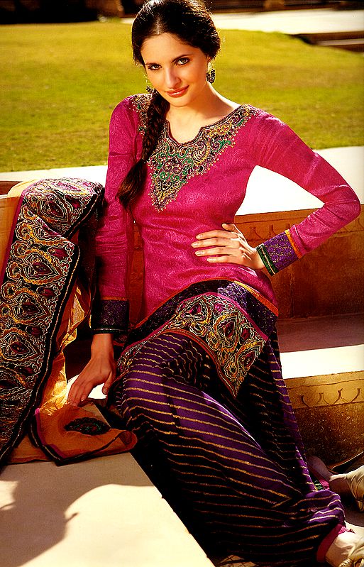 Fandango-Pink Designer Choodidaar Suit with Beads, Sequins and Patch Border