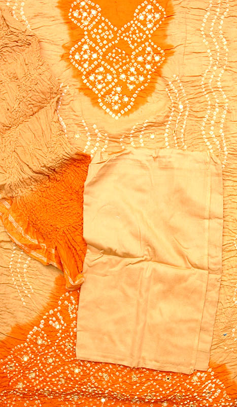 Fawn and Orange Bandhani Suit from Gujarat with Mirrors