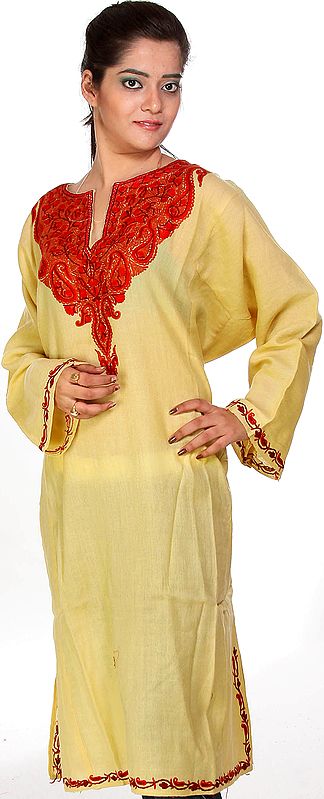 Fawn Kashmiri Phiran with Hand-Embroidery on Neck in Red