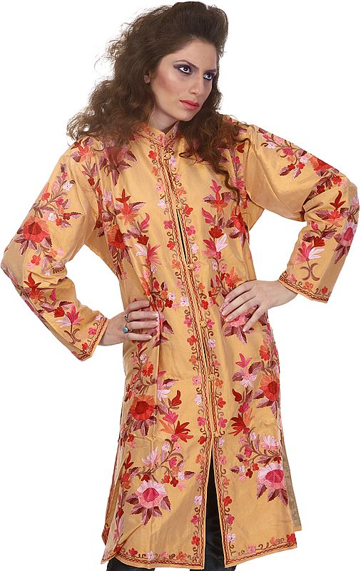 Fawn Long Kashmiri Jacket with Aari Embroidered Flowers