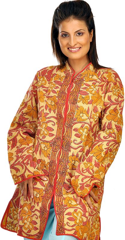 Fawn Printed Jacket from Kolkata with Kantha Embroidery by Hand