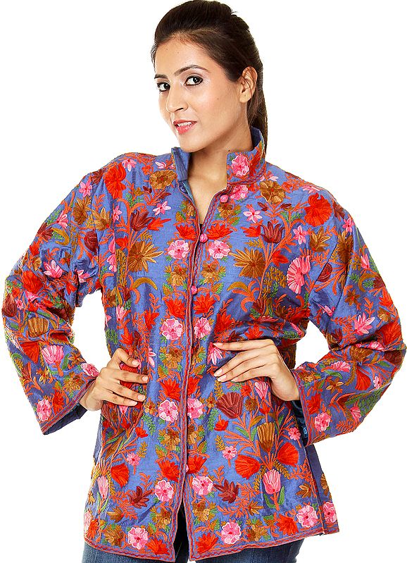 Federal-Blue Kashmiri Jacket with Multi-Color Embroidered Flowers