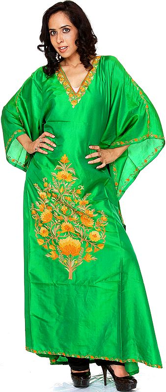 Fern-Green Kashmiri Kaftan with Embroidered Flowers