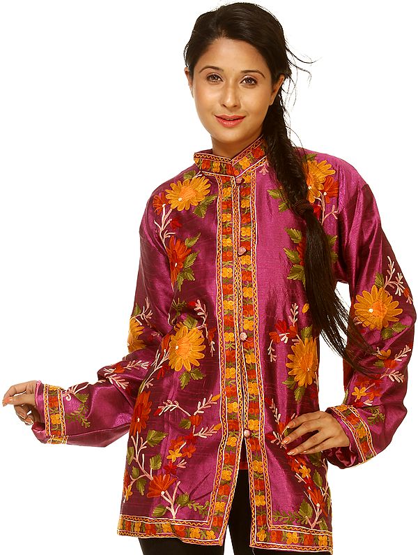 Festival-Fuchsia Jacket From Kashmir with Aari Embroidered Flowers All-Over