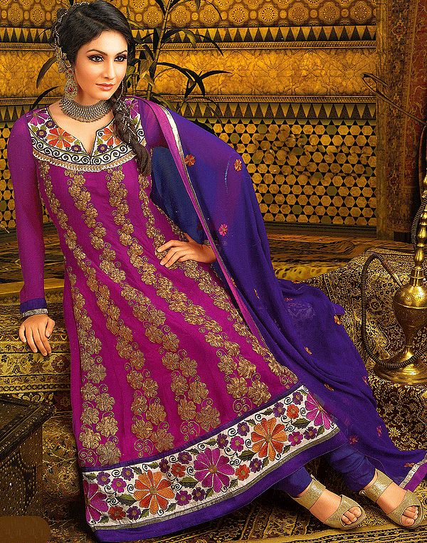 Festival-Fushsia Choodidaar Suit with Metallic Thread Embroidery All-Over and Floral Patch Border