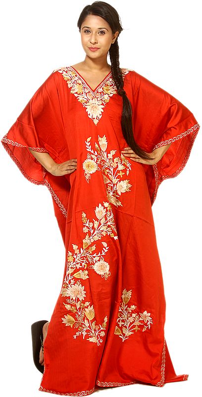 Fiery-Red Kashmiri Kaftan with Aari-Embroidered Flowers