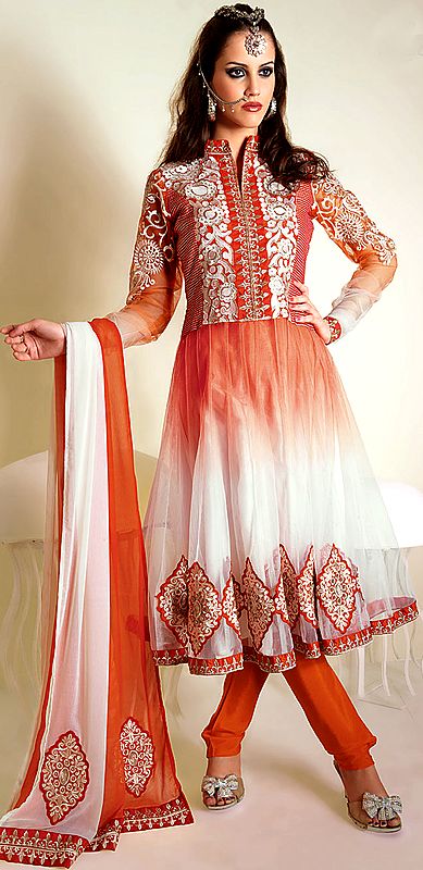 Flame-Scarlet Shaded Anarkali Suit with Metallic Thread Embroidered Flowers and Patch Border