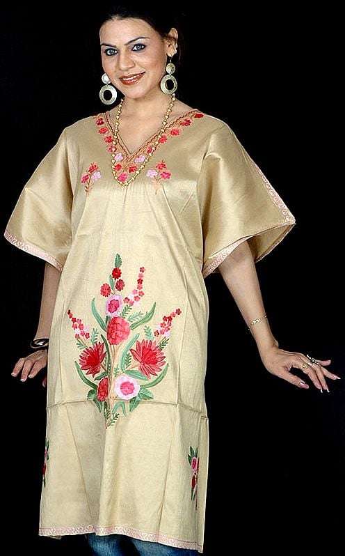 Flax Kashmiri Short Kaftan  with Floral Embroidery