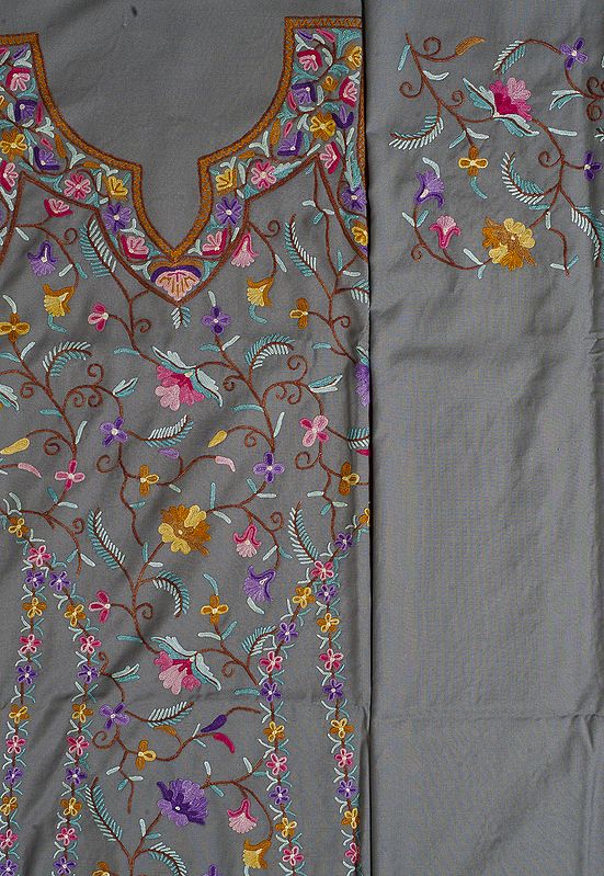 Flint-Gray Two-Piece Kashmiri Salwar Kameez Fabric with Multicolor Floral Aari Embroidery by Hand