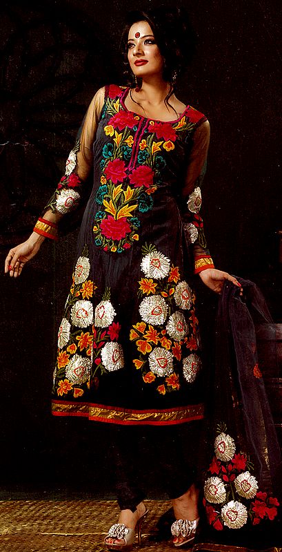 Flint-Stone Gray Designer Choodidaar Suit with Crewel Embroidered Flowers All-Over and Patch Border