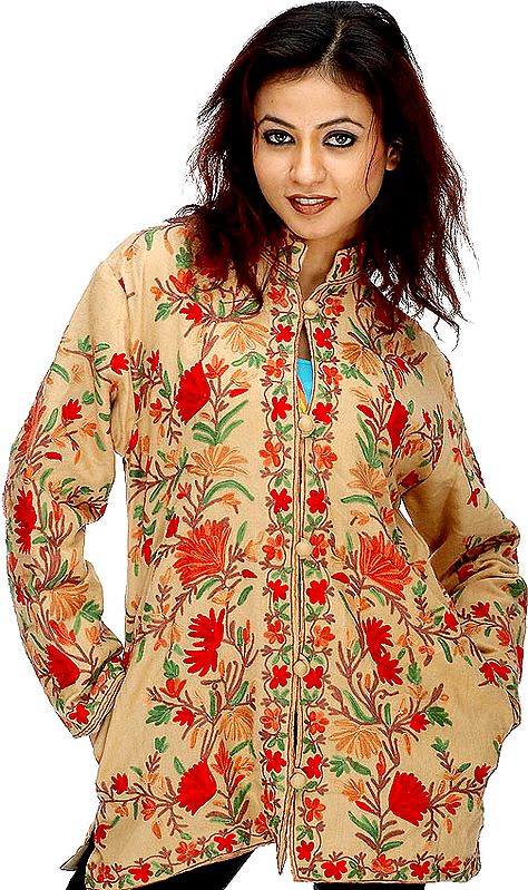 Floral Jacket from Kashmir with All-Over Aari Embroidery