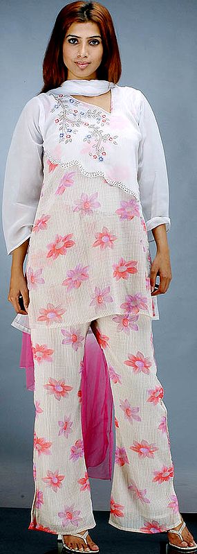 Floral Printed Fish Cut Suit with Embroidery on Front