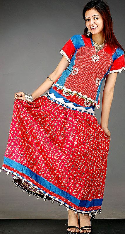 Floral Printed Two-Piece Lehenga Choli from Chhatisgarh with Cowries