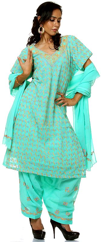 Florida-Green Salwar Kameez with All-Over Lukhnavi Chikan Embrodiery