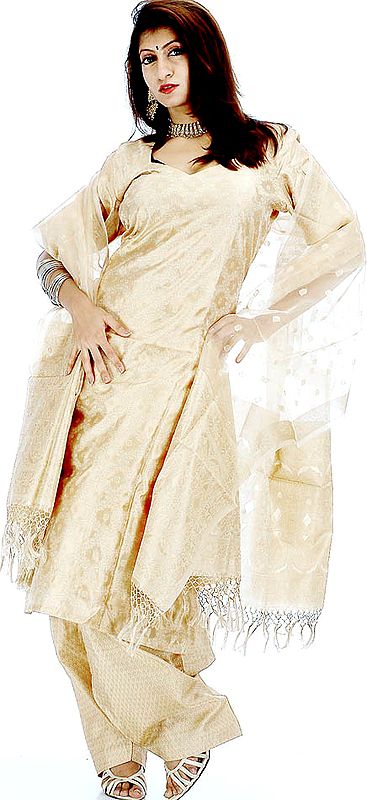 Ivory Banarasi Kora Salwar Kameez Fabric with All-Over Golden Thread Weave