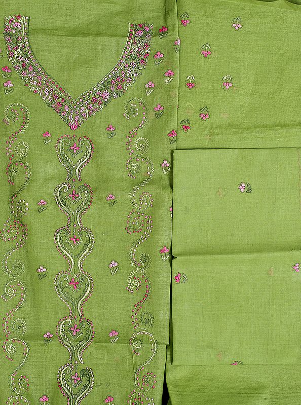 Foliage-Green Salwar Kameez Fabric with Kantha Embroidery by Hand