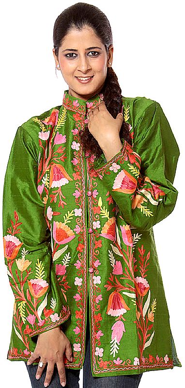 Forest-Green Kashmiri Jacket with Embroidered Tulips