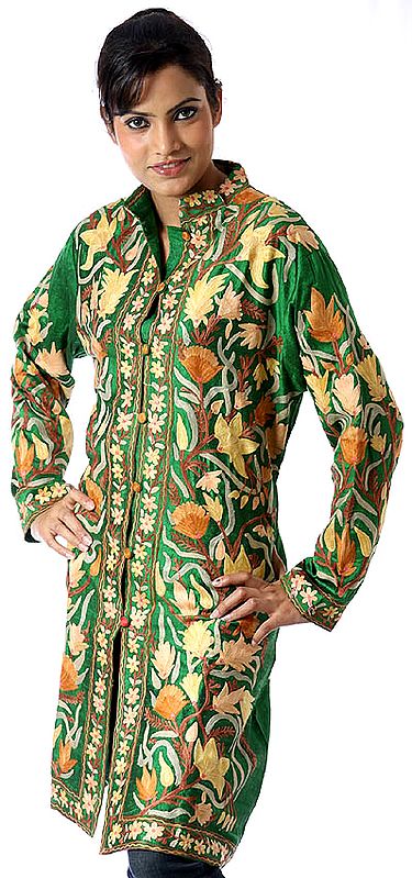 Forest-Green Long Silk Jacket with Embroidered Flowers All-Over