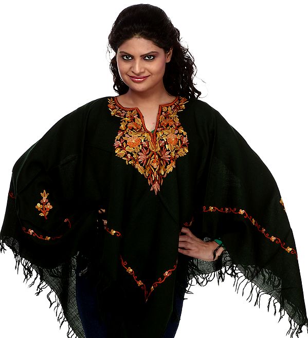 Forest-Green Poncho with Aari Embroidered Paisleys by Hand on Neck and Border