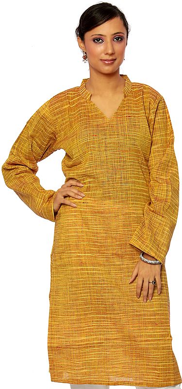 Freesia-Yellow Long Khadi Kurti with Hand Woven Stripes
