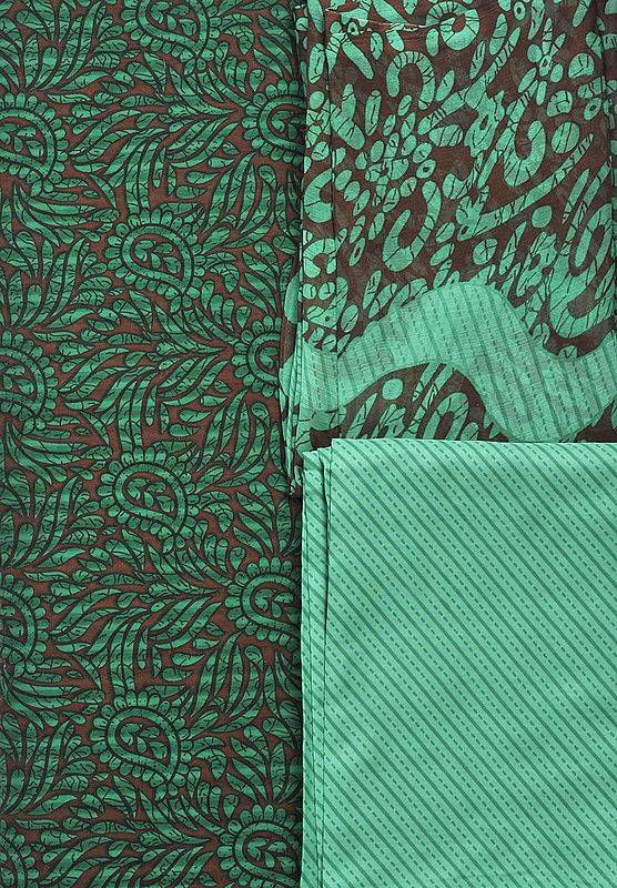 Frior-Brown and Green Salwar Kameez Fabric with Printed Paisleys