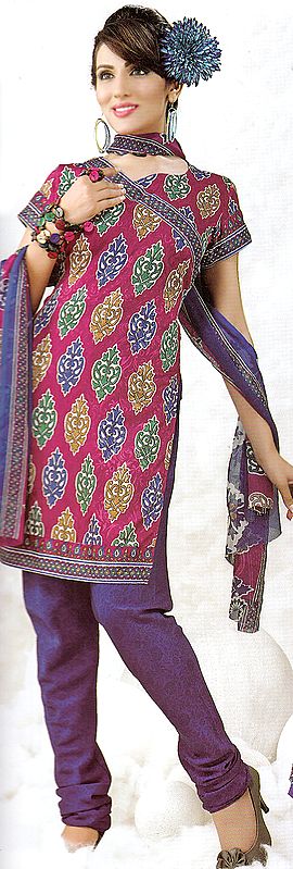Fuchsia and Mazarine-Blue  Designer Choodidaar Suit with Printed Bootis and Self Weave