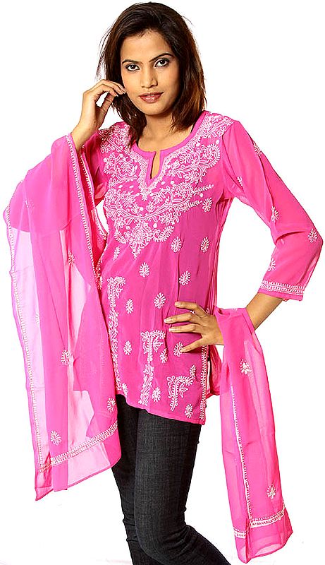 Fuchsia Chikan Embroidered Kurti Top with Stole