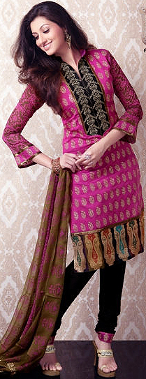 Fuchsia Choodidaar Kameez Suit with Metallic Thread Embroidery on Neck and Printed Golden Paisleys