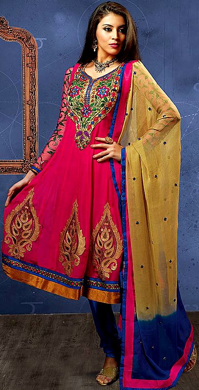 Fuchsia Choodidaar Suit with Aari Embroidered Flowers and Patch Border