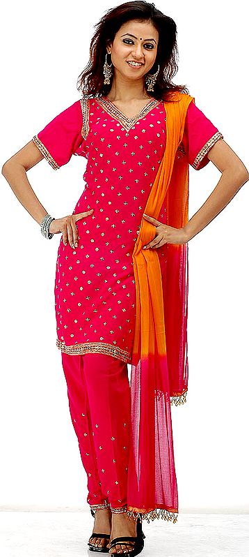Fuchsia Choodidaar Suit with Beaded Bootis and Sequins