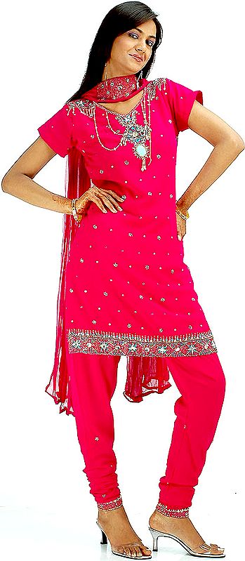 Fuchsia Choodidaar Suit with Beads and Embroidery