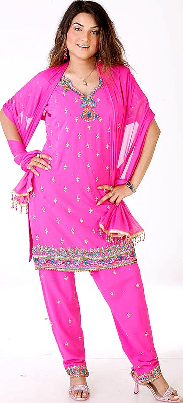 Fuchsia Choodidaar Suit with Embroidered Beads and Sequins