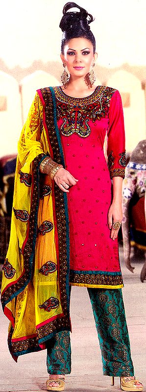Fuchsia Designer Parallel Suit with Embroidery in Multi-Color Thread and Patch Border