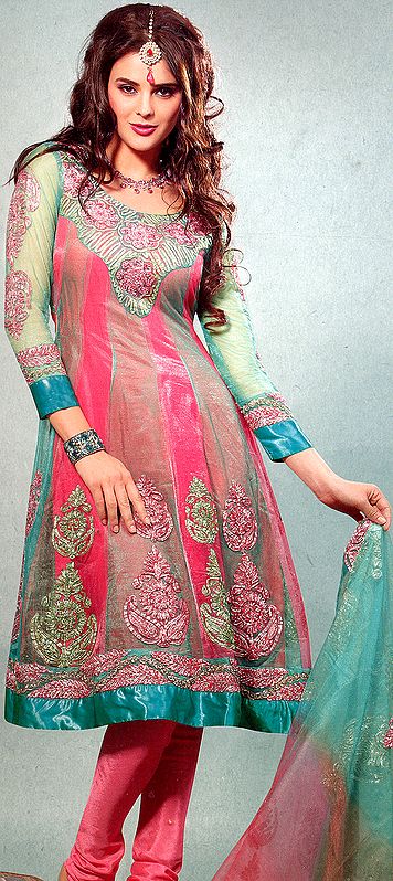 Fuchsia Pink and Green Flaired Choodidaar Kameez Suit with Metallic Thread Embroidered Beads and Sequins