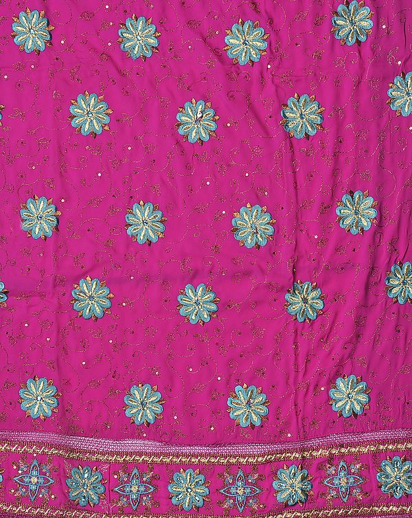 Fuchsia Salwar Kameez Fabric with Aari Embroidered Flowers and Sequins