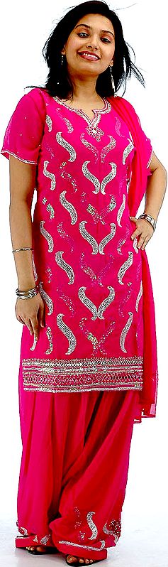 Fuchsia Salwar Kameez with All-Over Sequins and Beads
