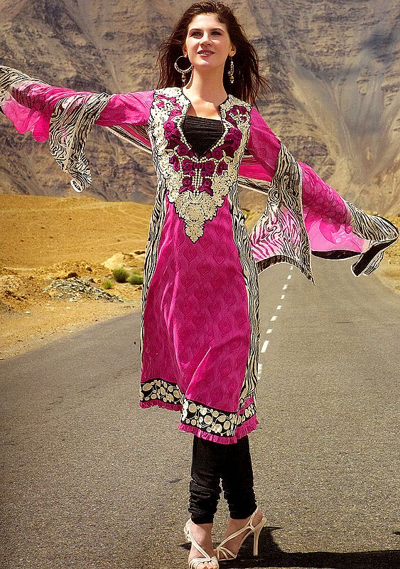 Fuchsia-Purple Choodidaar Kameez Suit with Embroidered Neck and Patch Border